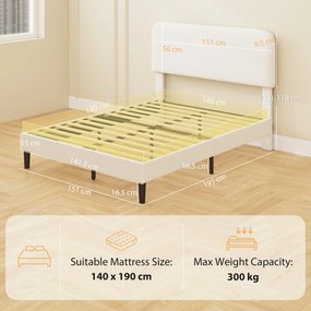 HOMCOM Cadru de pat 140x190cm cu somieră, tăblie reglabilă, pat dublu tapițat în velur Teddy, lamele metalice, alb | Aosom Romania