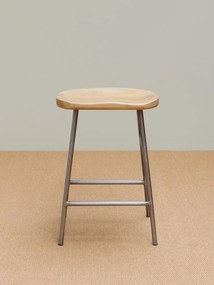 Scaun de bar din lemn de mango și metal, natur, pentru insulă, în stil industrial, cu șezut scobit și suport pentru picioare, 60 x 42 x 37 cm, „Hinto”