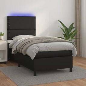 vidaXL Pat cu arcuri, saltea și LED, negru, 100x200cm, piele ecologică