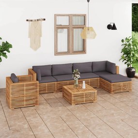 Set mobilier gradina cu perne gri inchis 7 piese lemn masiv tec Morke gra, 2x colt + 2x mijloc + fotoliu + 2x suport pentru picioare, 1