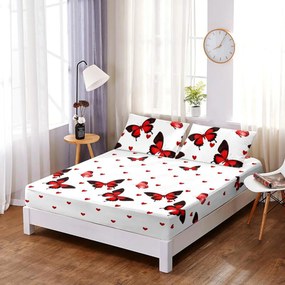 Husă de pat din FINET cu elastic si 2 fete de pernă, Red Butterflyes 160x200