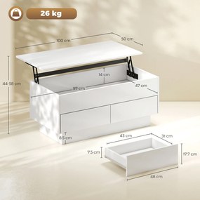 HOMCOM Masă de cafea rabatabilă, masă de salon cu compartiment ascuns și 2 sertare, 100 x 50 x 44 cm, blanc | Aosom Romania