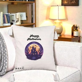 Perna Decorativa Happy Halloween Casa Bantuita Violet, 40x40 cm, Bej cu Franjuri, Husa Detasabila, Perna Inclusa, BEKZ®