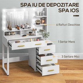 HOMCOM Masă de Machiaj Albă cu Oglindă, 4 Sertare și 6 Rafturi Deschise 100x40x138 cm | Aosom Romania