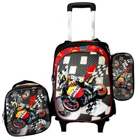 Set 3 piese Ghiozdan pentru scoala cu troler detasabil, cu borseta si penar, 41 x 30 x 23 cm, 3 comp