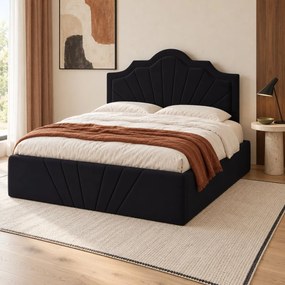 Pat tapițat din catifea Imperio cu linii 160×200 cm, negru, cu ladă de depozitare