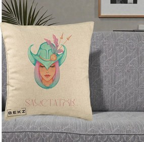 Perna Personalizata Zodiac Sagetator Cowgirl, 40x40 cm, Bej, Husa Detasabila, Perna Inclusa, BEKZ®