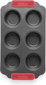 Forma de copt briose Lekue 1009478, 6 briose, 31x18x3,7 cm, Strat antiaderent ceramic, Otel carbon, +4°C / +240°C, Negru/Rosu