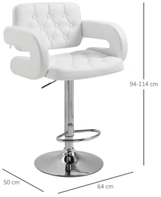 HOMCOM Scaun inalt de bar cu Spatar si Brate, Reglabil, Rotativ din Piele sintetica Alba, pentru Bucatarie sau Pub, 64x50x94-114cm | Aosom Romania