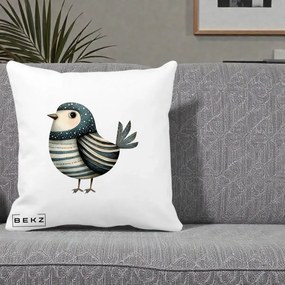 Perna Decorativa Pasare Teal Decorativa Dungata, 40x40 cm, Alba Mata, Husa Detasabila, Perna Inclusa, BEKZ®