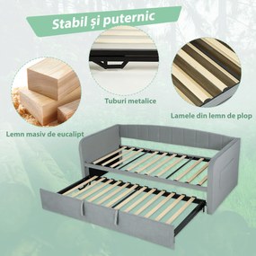 HOMCOM Pat Canapea 90/180x190 cm, Pat Extensibil Convertibil în Pat Dublu, Tapițerie, Cotiere, 2 Buzunare, Lamele din Plop, pentru Living sau Oaspeți, Gri Deschis | Aosom Romania