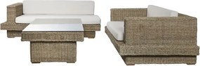 Set lounge exterior din fibre naturale împletite și structura din lemn de tec cu 2 canapele, măsuță de cafea și perne, „Borneo”