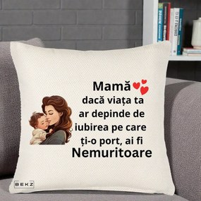 Cadou pentru Mama - Perna Personalizata Mama Nemuritoare cu Bebelus Lineart, 40x40 cm, Crem Reliefat, Husa Detasabila, Perna Inclusa, BEKZ®