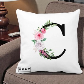 Cadou Personalizat - Perna Personalizata Monograma Florala Litera C, 40x40 cm, Alba Mata, Husa Detasabila, Perna Inclusa, BEKZ®