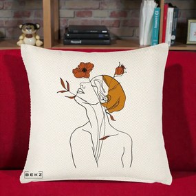 Perna Decorativa Portret Feminin Mac Privire Inalta, 40x40 cm, Crem Reliefat, Husa Detasabila, Perna Inclusa, BEKZ®