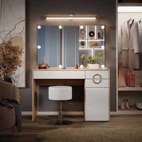 Masuta machiaj cu Oglinda LED si 3 Sertare pentru Cosmetice, Set Masa toaleta 115 cm, Alb, masuta cosmetica, vanity - SEA441