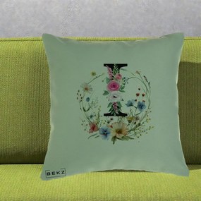 Cadou Personalizat - Perna Personalizata Monogram Litera I cu Flori Acuarela, 40x40 cm, Verde, Husa Detasabila, Perna Inclusa, BEKZ®