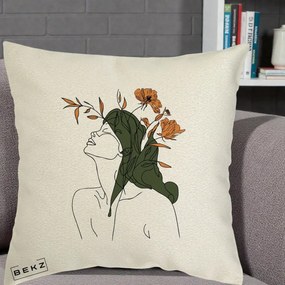Perna Decorativa Portret Feminin Profil Flori Portocalii, 40x40 cm, Ecru, Husa Detasabila, Perna Inclusa, BEKZ®