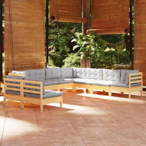 3096826 vidaXL Set mobilier de grădină cu perne gri, 9 piese, lemn masiv pin