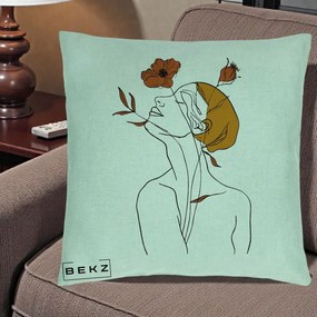 Perna Decorativa Portret Feminin Mac Privire Inalta, 40x40 cm, Verde Menta, Husa Detasabila, Perna Inclusa, BEKZ®