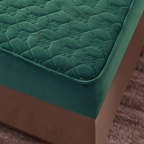 Husa de pat matlasata si 2 fete de perne din catifea, cu elastic, model tip topper, pentru saltea 140x200 cm, verde, HTC-34