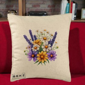 Perna Decorativa Lavanda Musetel si Flori Mov, 40x40 cm, Bej, Husa Detasabila, Perna Inclusa, BEKZ®
