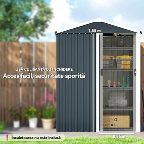 Outsunny Magazie de Grădină 1,1m² din Oțel Galvanizat, Magazie de Grădină cu Ușă Glisantă Blocabilă, Acoperiș Înclinat, Mănuși, Magazie pentru Unelte, 136x87x179 cm, Gri Închis | Aosom Romania