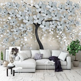 Fototapet - Copac și flori gri (152,5x104 cm)