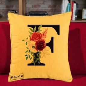 Cadou Personalizat - Perna Personalizata Monograma Florala Litera F, 40x40 cm, Galben, Husa Detasabila, Perna Inclusa, BEKZ®