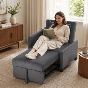 HOMCOM Fotoliu Extensibil 4 în 1 Tapițat, Rabatabil 3 Poziții, Catifea cu Roți, 73x90x83 cm, Gri Închis | Aosom Romania