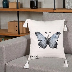 Perna Decorativa Fluture Acuarela Albastru-Gri, 40x40 cm, Bej cu Franjuri, Husa Detasabila, Perna Inclusa, BEKZ®