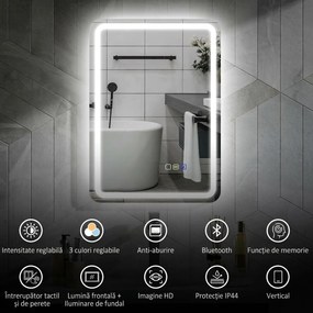 HOMCOM Oglindă de Baie Bluetooth LED 50 x 70 cm cu Anticeață - Argintiu | Aosom Romania