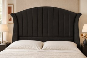 Pat tapițat din catifea Sorella Simple Line 140×200 cm, negru, cu ladă de depozitare