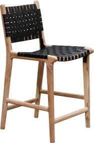 Scaun de bar împletit pentru insulă din piele naturală și lemn de acacia, negru, cu spătar și suport pentru picioare, 97 x 50 x 53 cm, „Mixing”