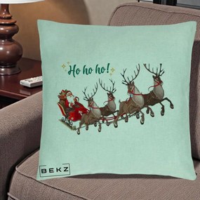Perna Decorativa Ho Ho Ho Mos Craciun cu Sanie si Reni, 40x40 cm, Verde Menta, Husa Detasabila, Perna Inclusa, BEKZ®