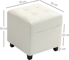 HOMCOM Suport pentru picioare pentru living, ottoman, scaun tapițat capitonat din material cu aspect de in cu buzunar lateral, 35 x 35 x 35 cm, cremă | Aosom Romania