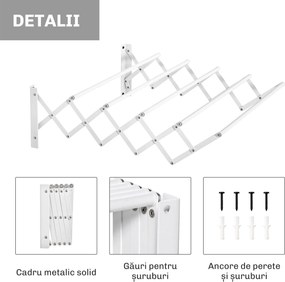 HOMCOM Uscător de Rufe Retractabil pentru Perete, Uscător Pliabil Economisitor de Spațiu din Metal pentru Interior și Exterior, 63,5x60x20 cm, Alb | Aosom Romania