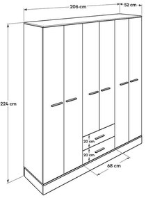 Dulap Haine Adore Base, 6 usi, 2 sertare, Alb, 206 x 224 x 52 cm