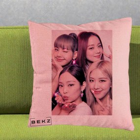 Perna Personalizata K-pop BLACKPINK Foto Grup Selfie Roz cu Glitter, 40x40 cm, Roz, Husa Detasabila, Perna Inclusa, BEKZ®