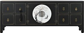 Comodă TV living din lemn, negru, cu 2 uși, 8 sertare și medalion oriental cu ramură înflorită, 51 x 130 x 26 cm, „Zenora”