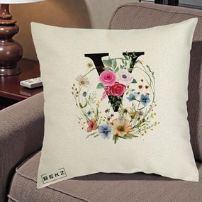 Cadou Personalizat - Perna Personalizata Monograma Florala Litera V cu Coroana, 40x40 cm, Ecru, Husa Detasabila, Perna Inclusa, BEKZ®