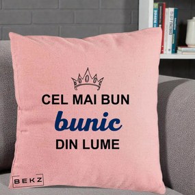 Cadou pentru Bunic - Perna Personalizata Cel Mai Bun Bunic Din Lume Coroana Albastra, 40x40 cm, Roz, Husa Detasabila, Perna Inclusa, BEKZ®