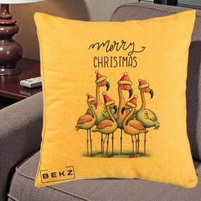 Perna Decorativa Flamingo Merry Christmas, 40x40 cm, Galben, Husa Detasabila, Perna Inclusa, BEKZ®