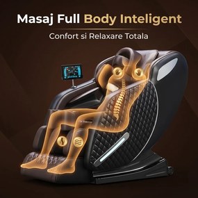 Fotoliu masaj IGNIUS, AI Voice, Incalzire, Bluetooth, Tableta ecran tactil color, Zero Gravity, 2 Boxe, Moduri Automate, Reglarea intensității masajului, Piele PU Premium, Negru