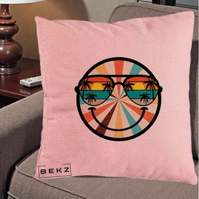 Perna Decorativa Smiley Face Retro Sunset Palmieri, 40x40 cm, Roz, Husa Detasabila, Perna Inclusa, BEKZ®