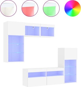 vidaXL Unități de perete TV cu LED-uri, 5 piese, alb, lemn prelucrat