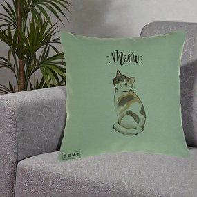 Perna Personalizata Pisica Meow Acuarela, 40x40 cm, Verde, Husa Detasabila, Perna Inclusa, BEKZ®