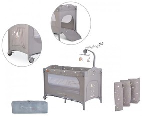 Patut pliant transformabil in tarc copii NOVOKIDS™ Onceuponatime NEST, 62X125 cm, 2 Niveluri, Jucarie Carusel muzical, Fermoar acces lateral, Gri