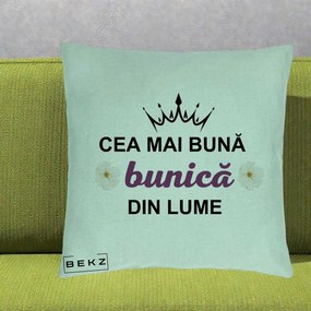 Cadou pentru Bunica - Perna Personalizata Cea Mai Buna Bunica Din Lume Coroana Mov Flori, 40x40 cm, Verde Menta, Husa Detasabila, Perna Inclusa, BEKZ®