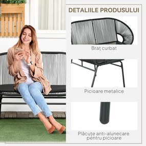 Outsunny Bancă Acapulco cu Brațe, Perne și Cadru din Oțel, Greutate Maximă 260 kg pentru Balcon, Terasă, Grădină 132x72x83 cm Negru | Aosom Romania